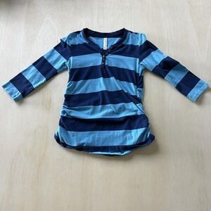 Y2K Cherishing Hearts Maternity Shirt Women Medium Blue Striped Henley Tunic Top
